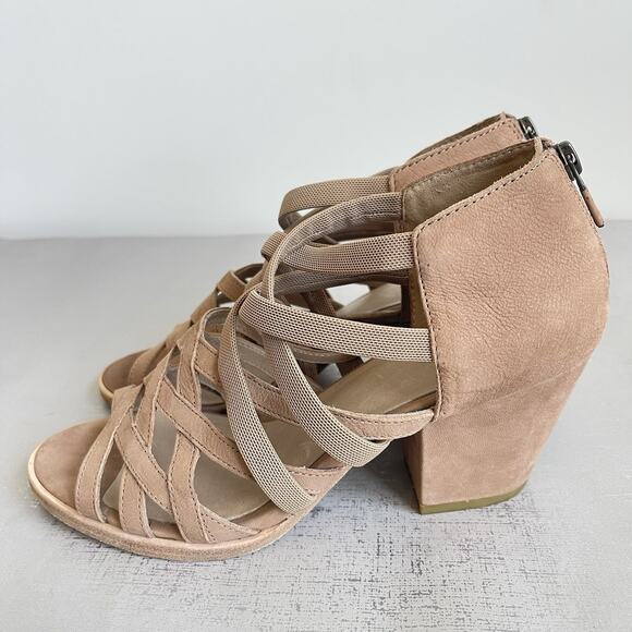 Eileen Fisher Fara Suede Leather Caged Sandals Block Heel Size 7.5 M Beige Tan - Picture 1 of 13